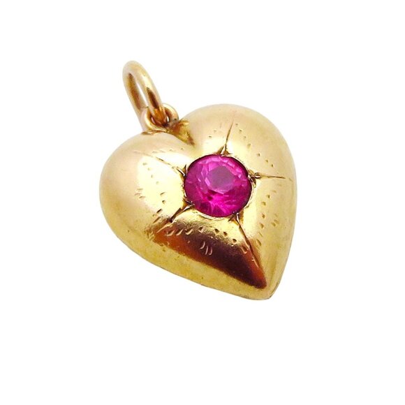 Vintage 14K Yellow Gold Starburst Design Heart with Ruby Charm Pendant - Picture 1 of 8